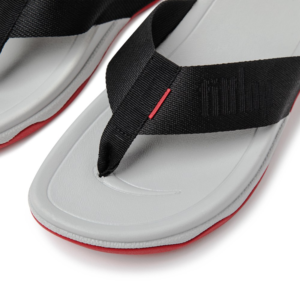 Fitflop Mens Sandals Black/Grey - Surfer Woven Logo Toe-post - 82ZSWADQT